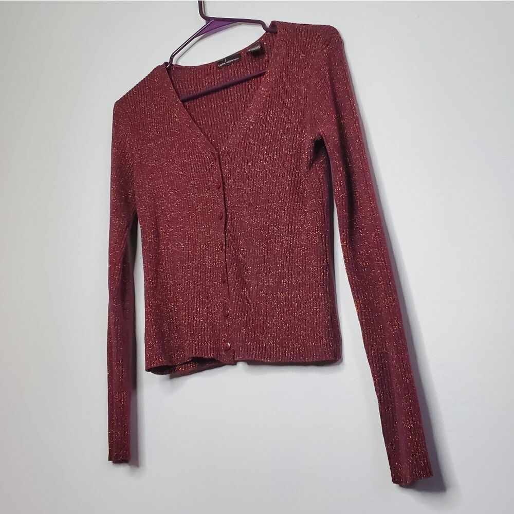 Moda International Victoria's Secret S Maroon Gold Sparkly Thread Cardigan